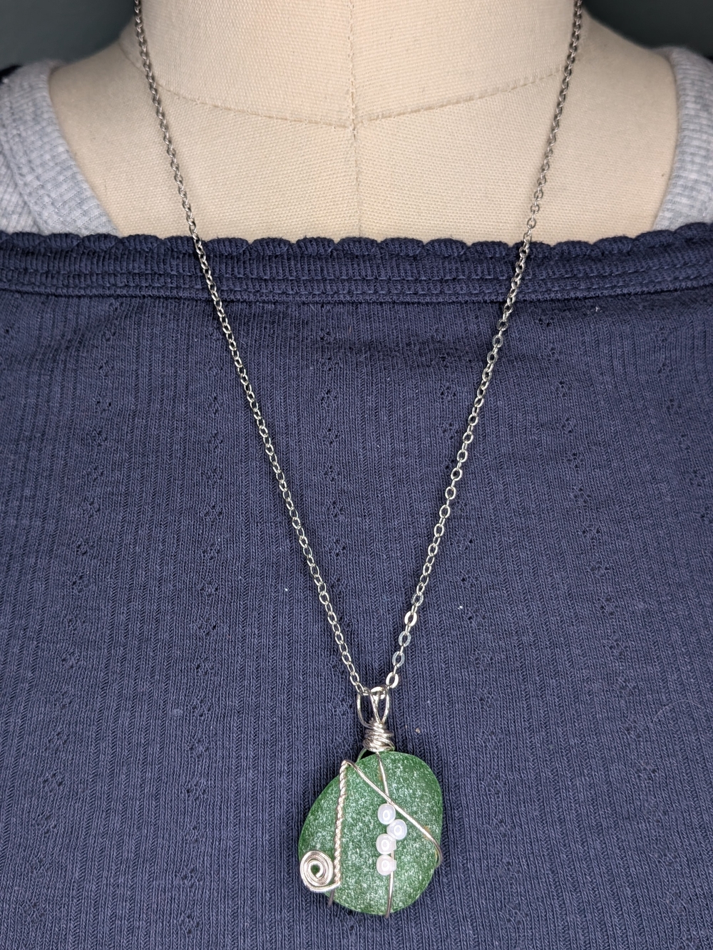 Handcrafted Wire Wrapped Green Sea Glass Pendant Necklace Spiral Pearl Bead Acc.